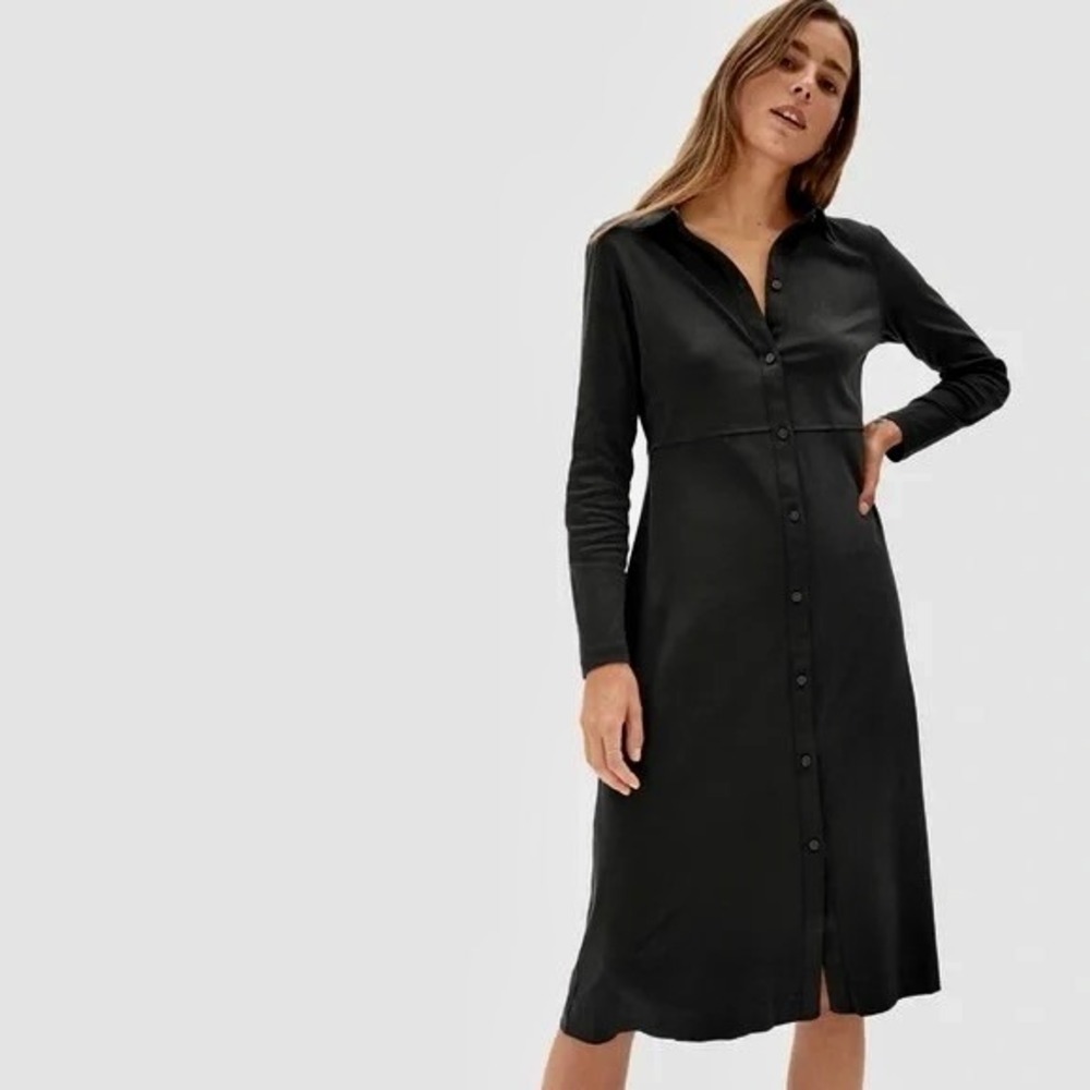 EVERLANE The Luxe Cotton Shirtdress Solid Black Shirt‎ Dress Minimalist Small